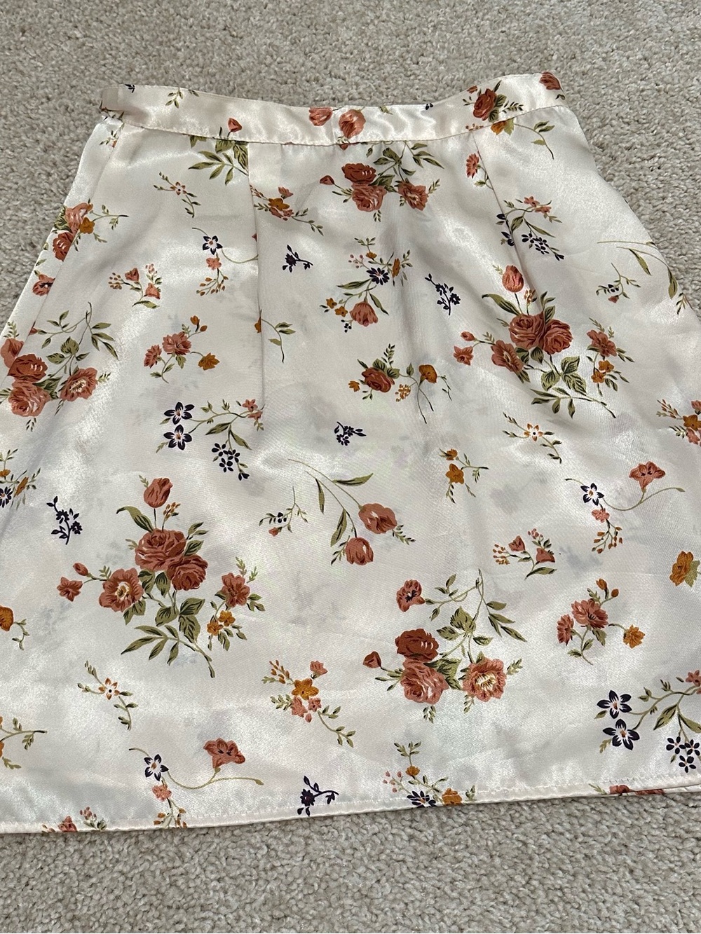 Floral Satin A-Line Skirt - Cream with Rust Rose Print